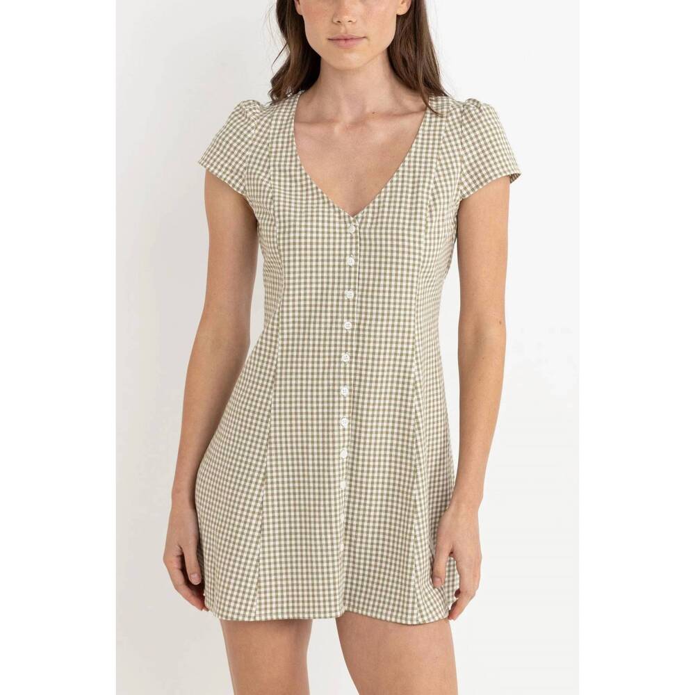 NEW RHYTHM. lola check mini dress in olive